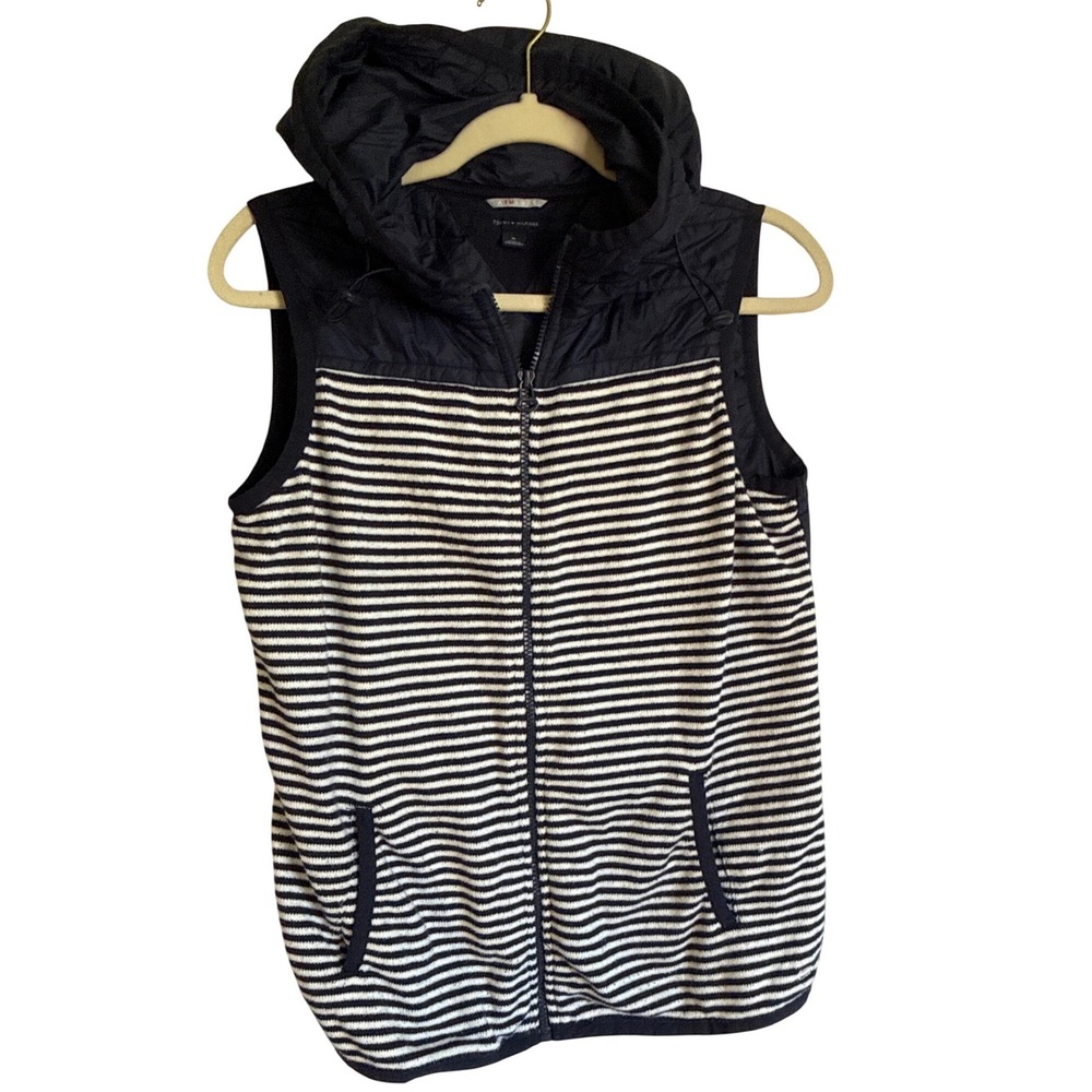 Tommy Hilfiger Athluxe Hooded Vest Navy Striped Quilted Puffer Mixed Media M